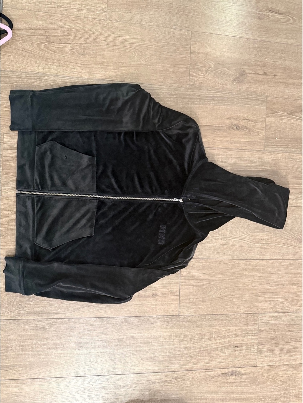Black Velour Zip Up Hoodie Embroidered Logo Full Zip Long Sleeve Women’s